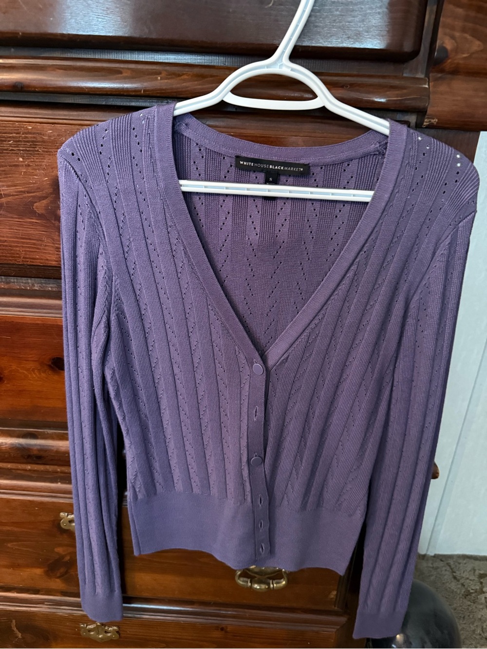 White House Black Market Lavender Pointelle V-Neck Cardigan